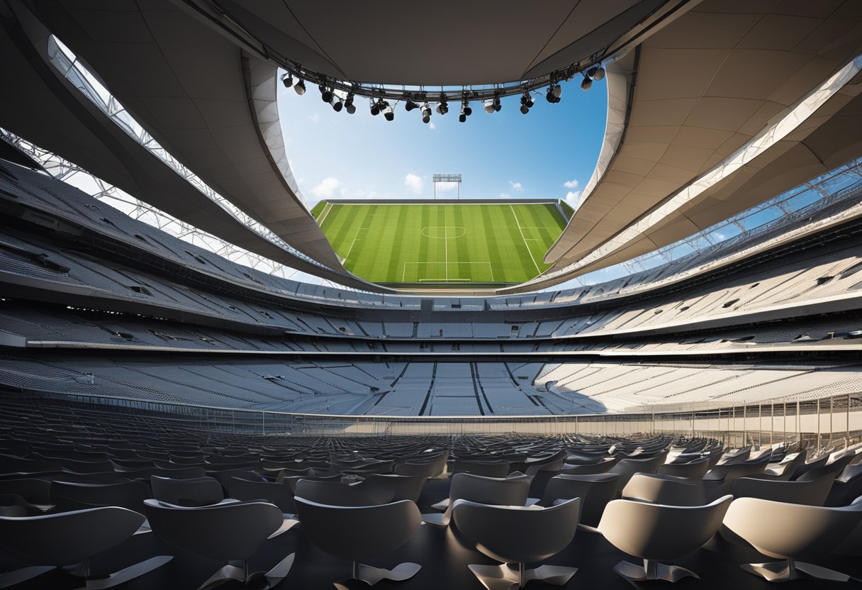 The stadium's interior showcases seamless technological integration with exposed construction features