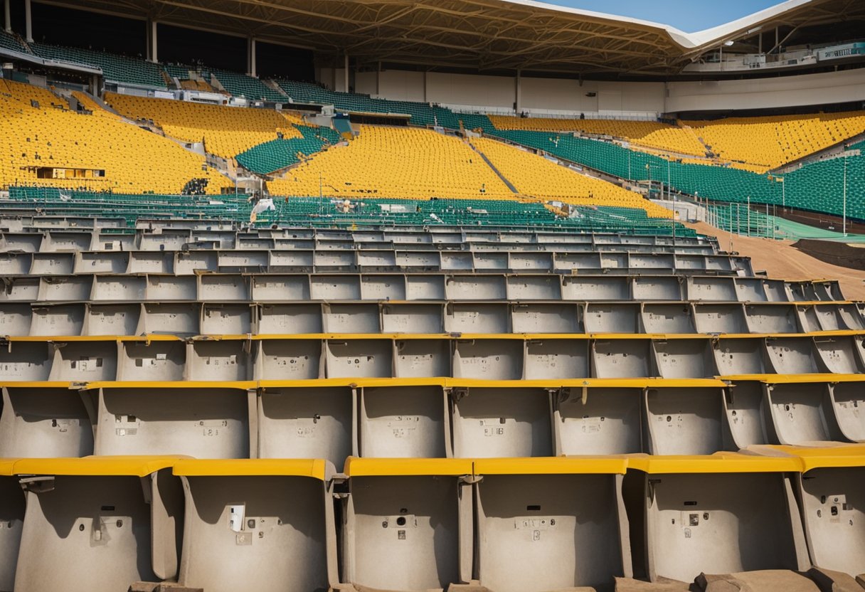 Inside Thohoyandou Stadium, construction details show seating plan with numbered sections and rows, as workers install new seating and lighting fixtures