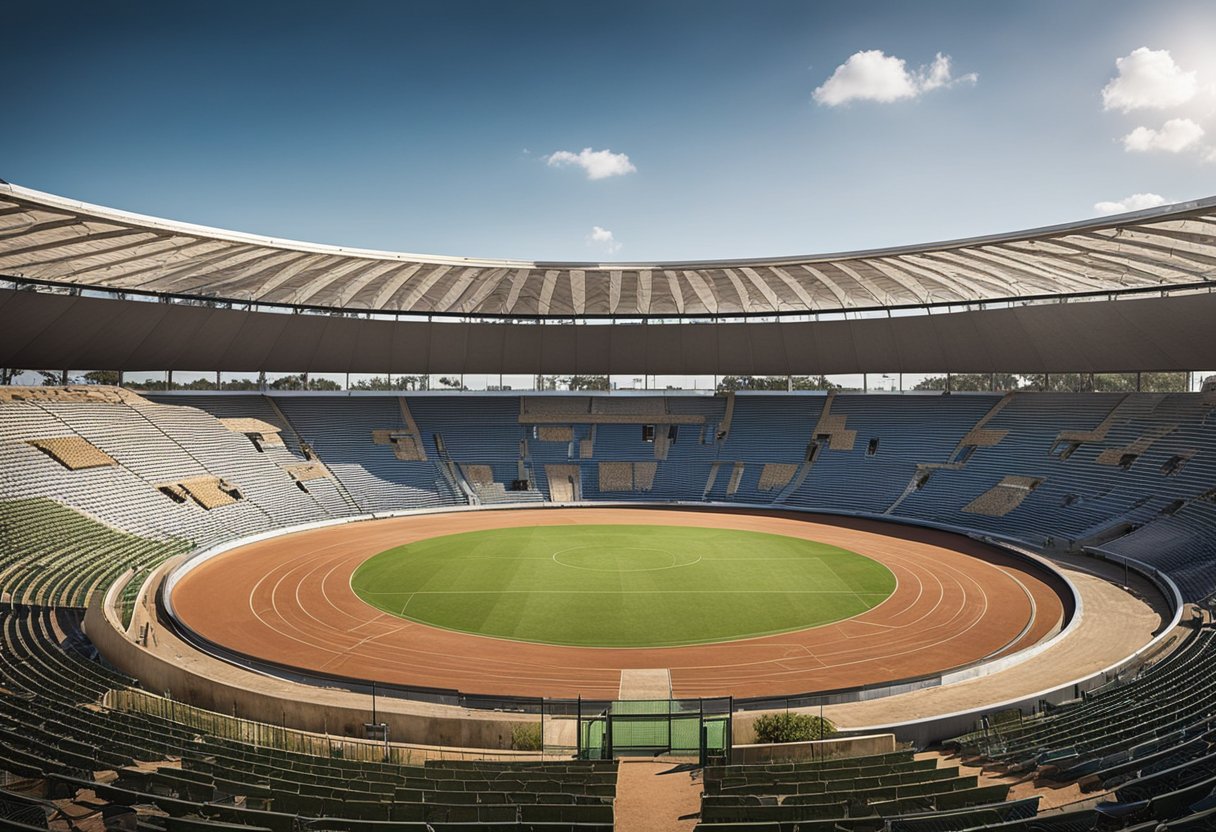 The Thohoyandou Stadium features a circular seating arrangement with a central construction area. The seating plan is divided into sections, with clear pathways for access and exit