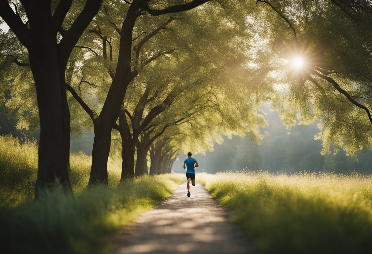 A person runs on a path with trees and a clear sky, wearing running shoes and comfortable clothing