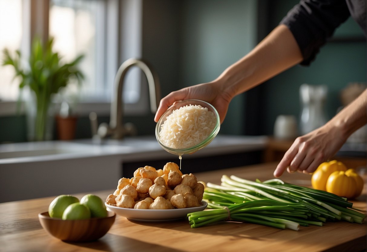 A hand reaches for ginger, garlic, and green onions on a kitchen counter. A bottle of rice vinegar and a jar of hoisin sauce sit nearby