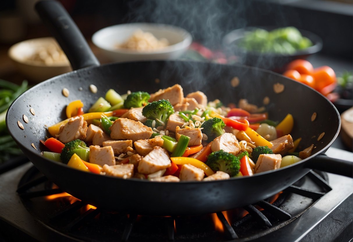 A wok sizzling with diced chicken, ginger, garlic, and colorful vegetables being stir-fried over high heat