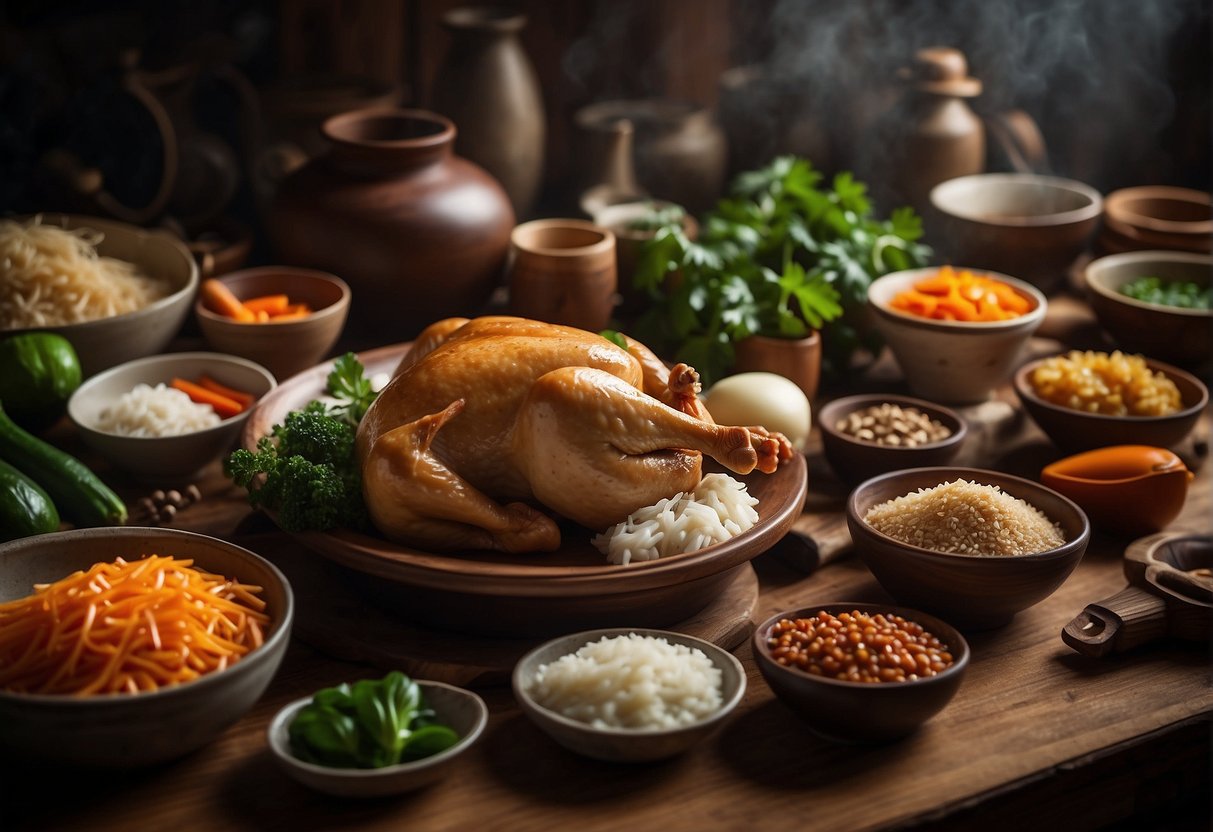 A table with a variety of Chinese ingredients and cooking utensils for making chicken dishes without soy sauce