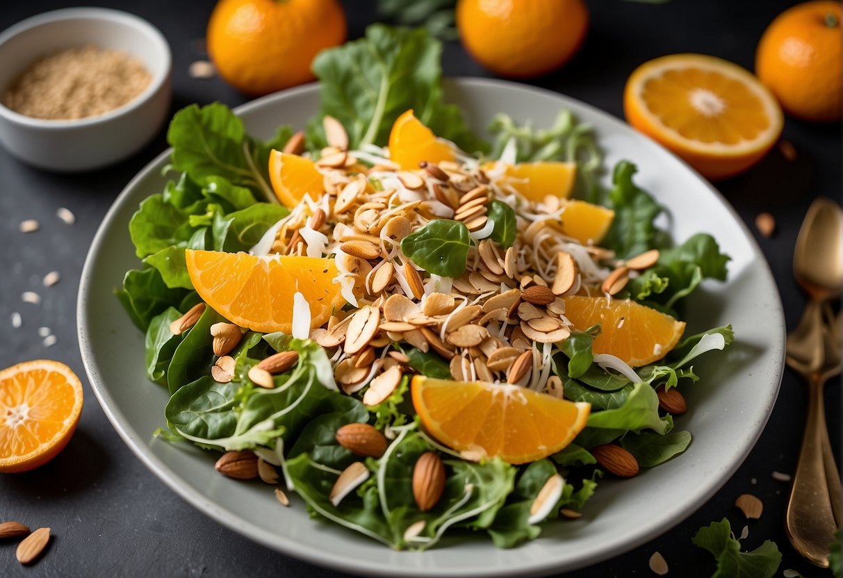 A bowl of mixed greens topped with shredded chicken, mandarin oranges, and sliced almonds, drizzled with a tangy, sesame ginger dressing