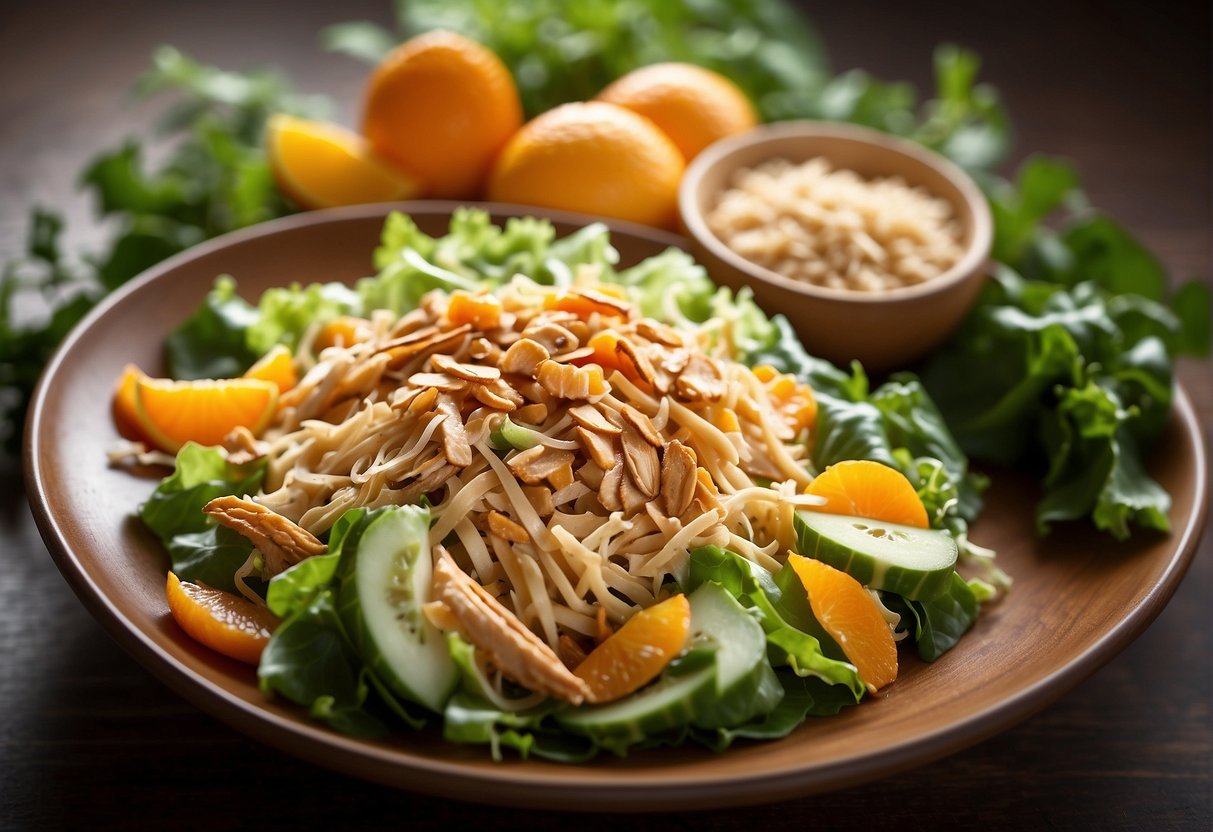 A colorful bowl of shredded chicken, mixed greens, mandarin oranges, crispy wonton strips, and toasted almonds, drizzled with a tangy and sweet Chinese chicken salad dressing