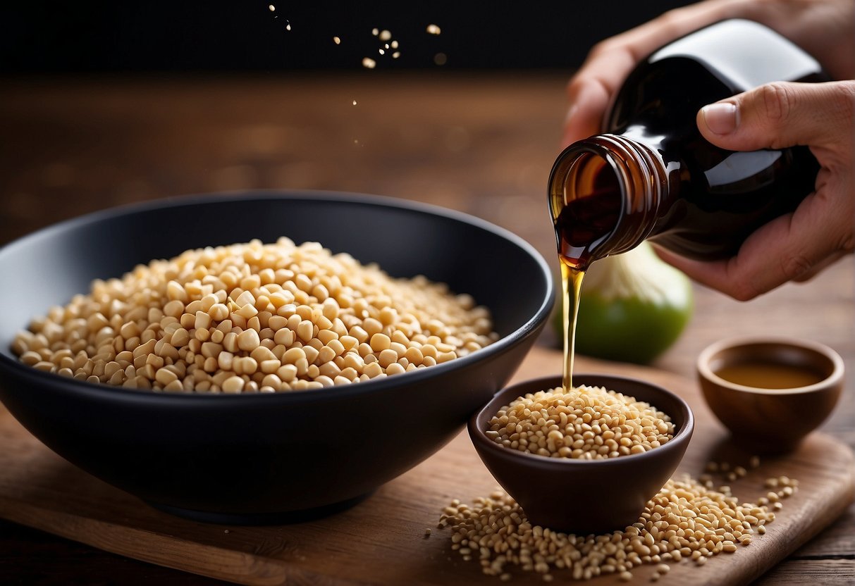 A hand pouring soy sauce into a bowl, next to a bottle of sesame oil and a pile of chopped ginger and garlic