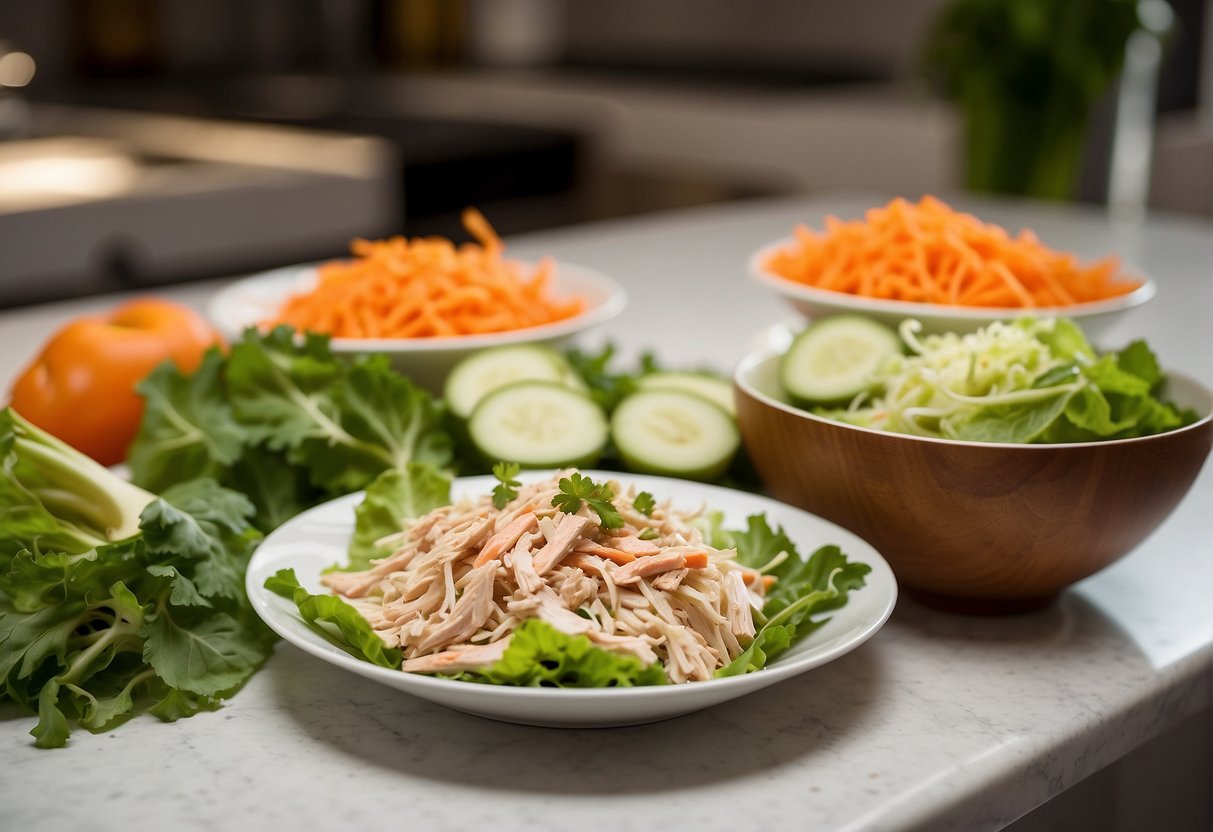 Fresh ingredients arranged on a kitchen counter: shredded chicken, lettuce, carrots, cabbage, and a bowl of homemade Chinese chicken salad dressing