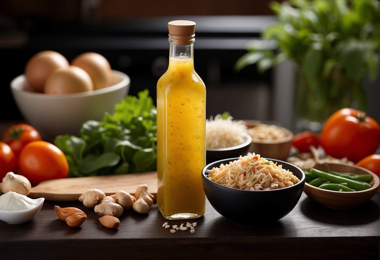 A bottle of homemade Chinese chicken salad dressing sits on a kitchen counter, surrounded by fresh ingredients like soy sauce, ginger, and sesame oil