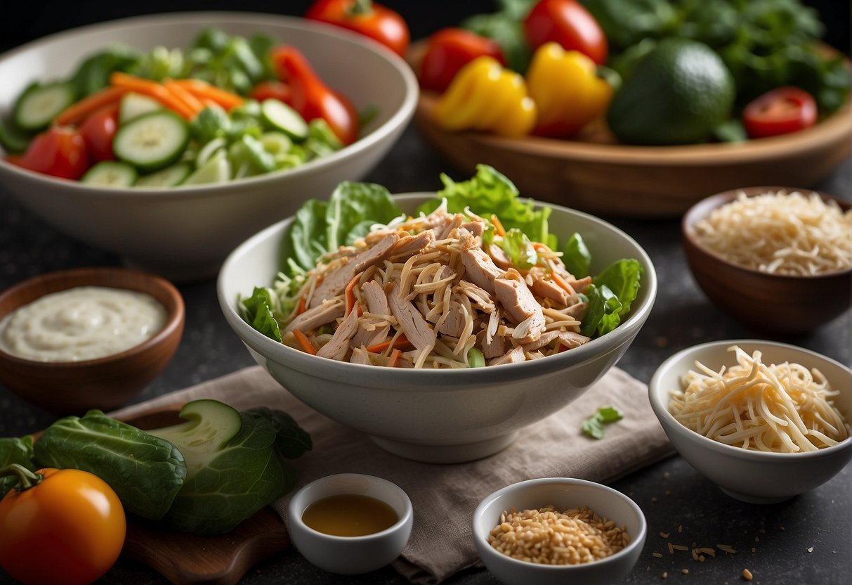A bottle of homemade Chinese chicken salad dressing sits on a kitchen counter next to a colorful array of fresh vegetables and a bowl of shredded chicken