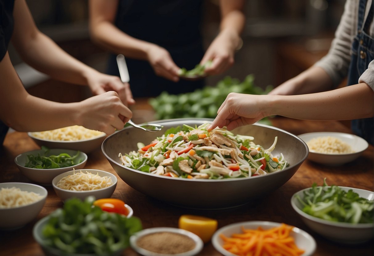 A group of people gather around a table, exchanging recipes and tips for making Chinese chicken salad dressing. Ingredients and utensils are laid out, creating a sense of community and collaboration