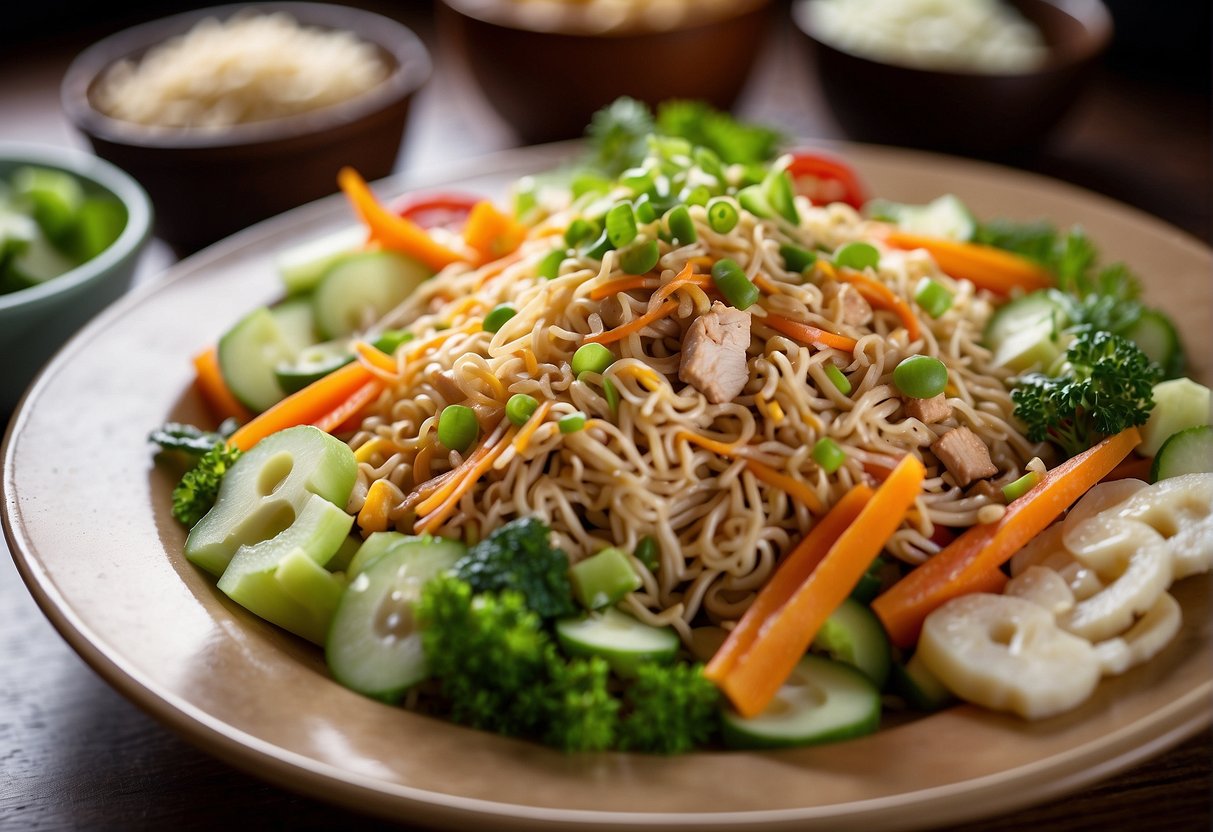 A bowl of Chinese chicken salad with crispy ramen noodles, mixed vegetables, and a tangy dressing