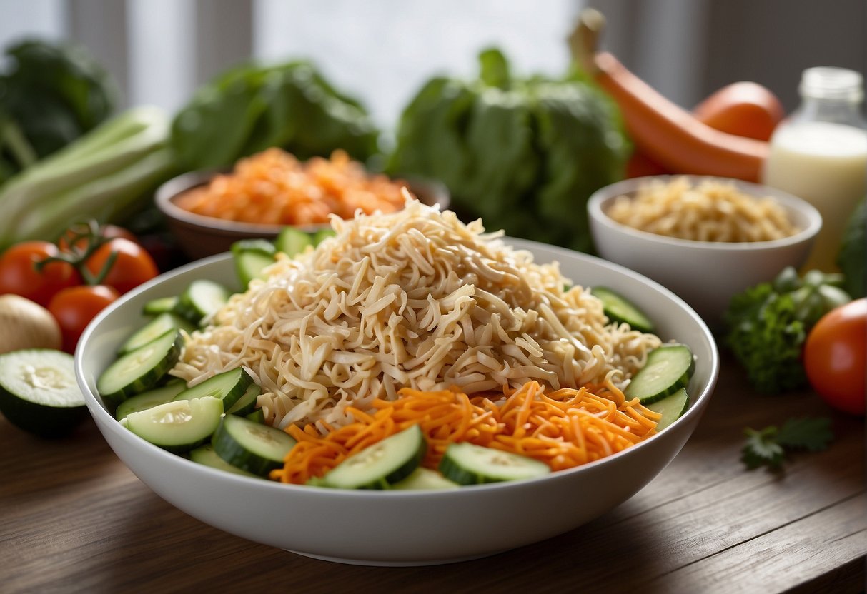 Fresh vegetables, shredded chicken, and crunchy ramen noodles are laid out on a kitchen counter, ready to be combined into a delicious Chinese chicken salad
