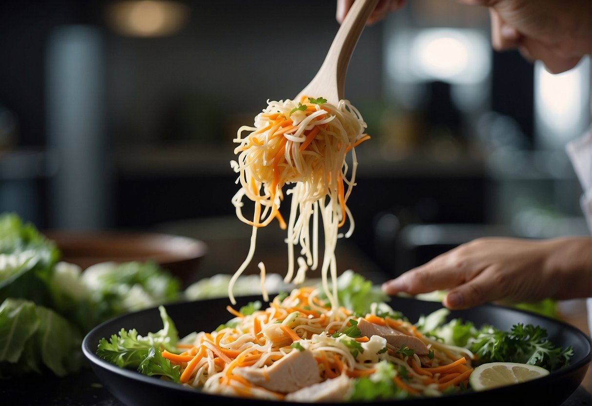 A chef tosses shredded cabbage, carrots, and cooked chicken with crispy ramen noodles and a tangy dressing
