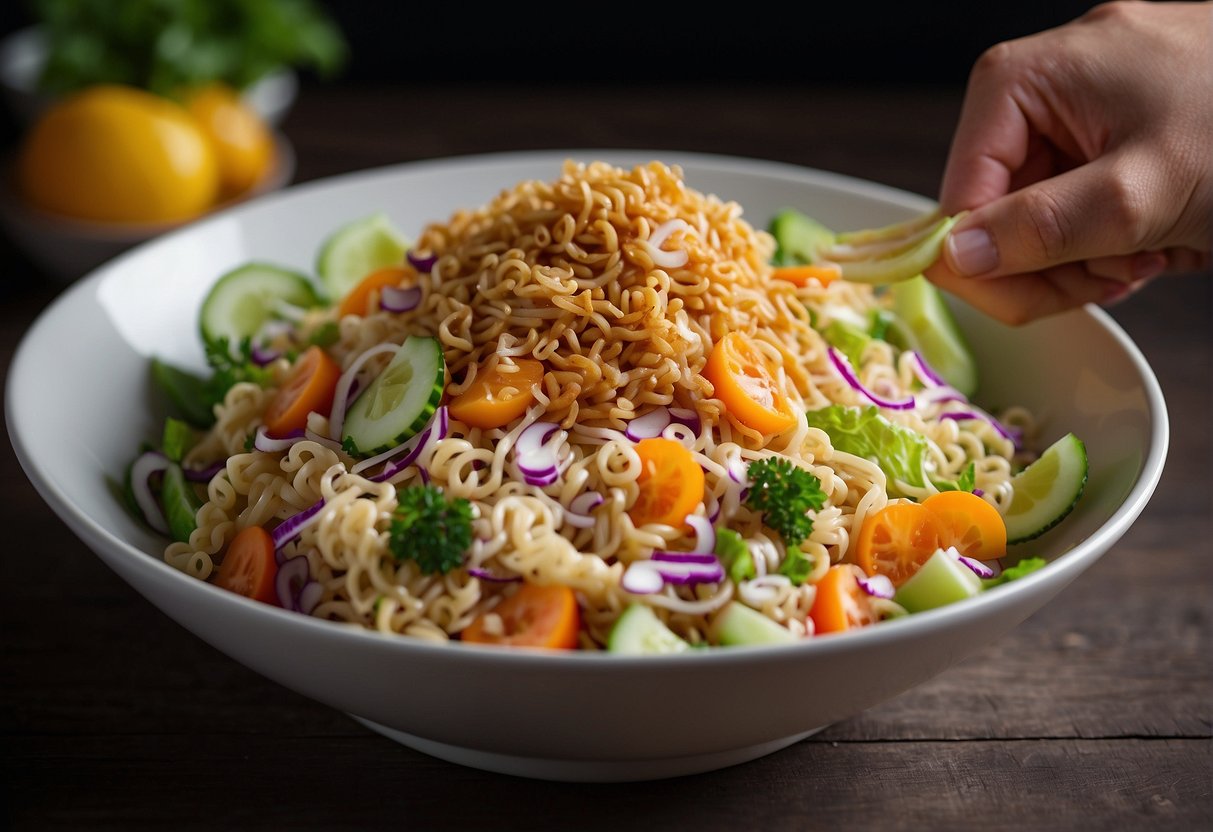 A hand sprinkles crunchy ramen noodles onto a colorful Chinese chicken salad, adding texture and flavor