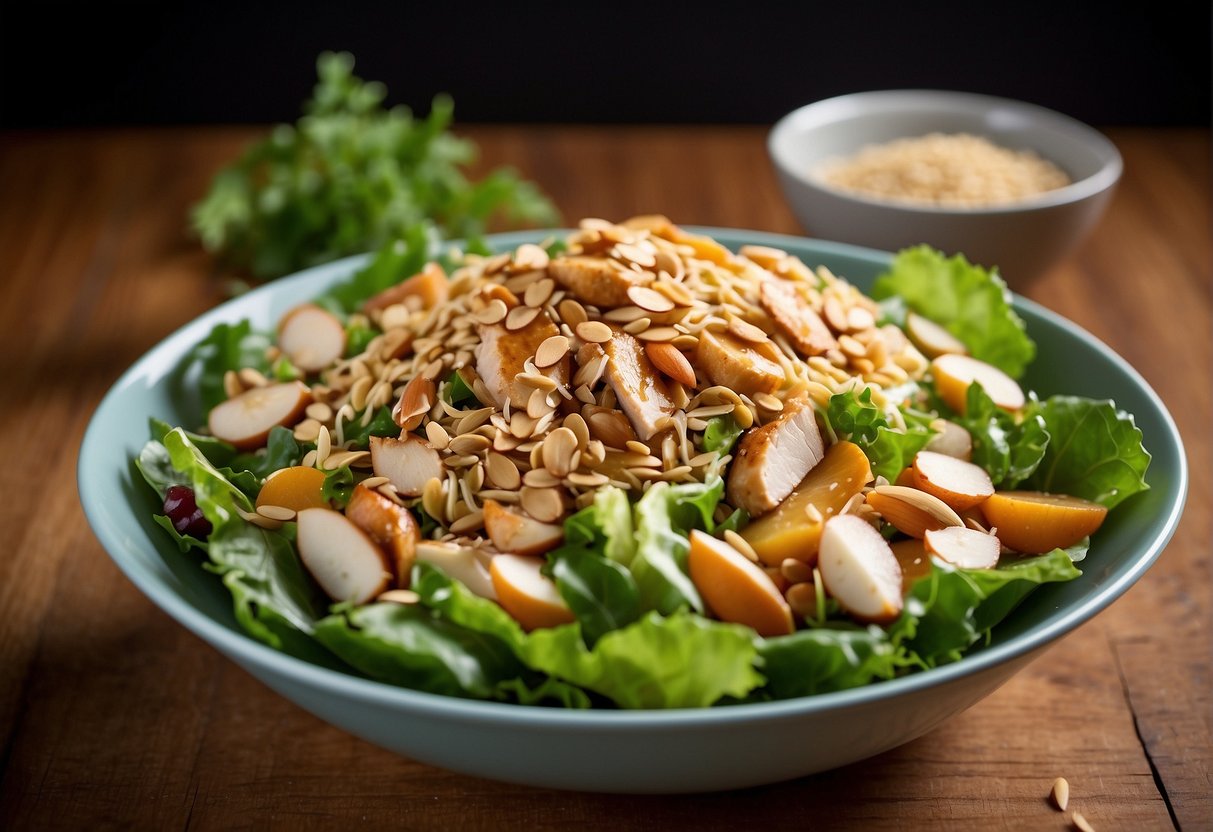 A bowl of Chinese chicken salad with ramen noodles, topped with sliced almonds and sesame seeds, served on a wooden table