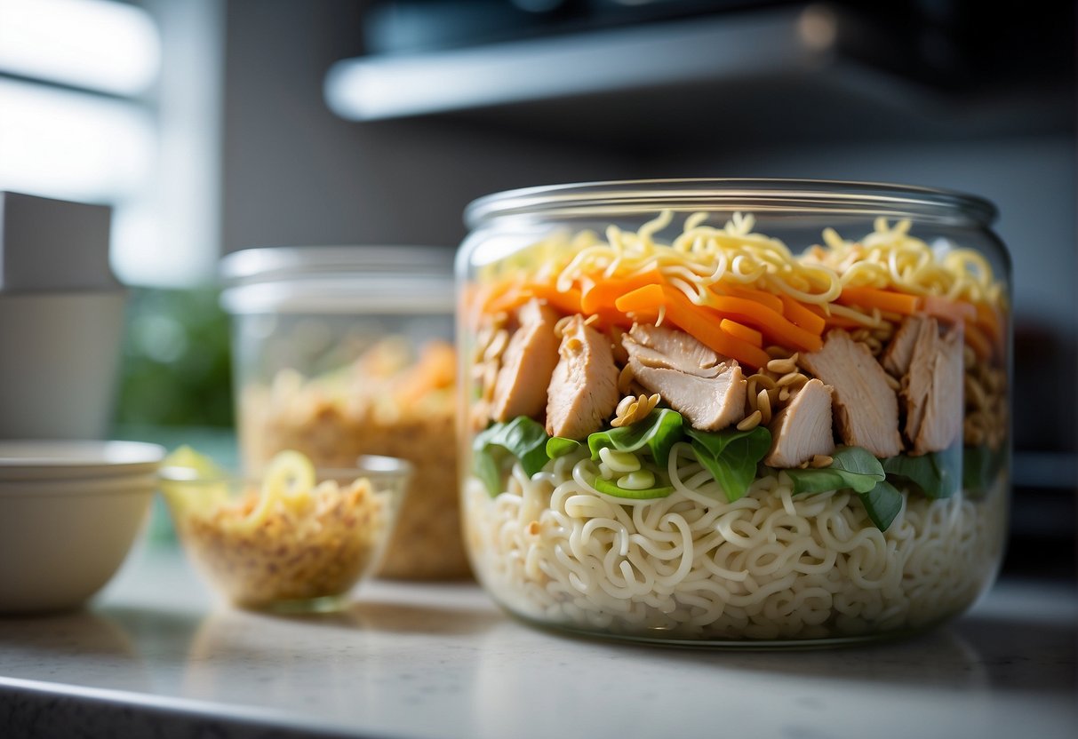A glass container filled with leftover Chinese chicken salad, topped with crunchy ramen noodles, sits in the refrigerator, ready to be reheated and enjoyed for another meal
