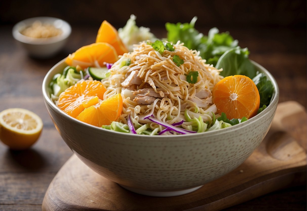 A bowl of Chinese chicken salad with ramen noodles, surrounded by various ingredients such as shredded cabbage, sliced chicken, mandarin oranges, and crunchy ramen noodles, all tossed in a flavorful dressing