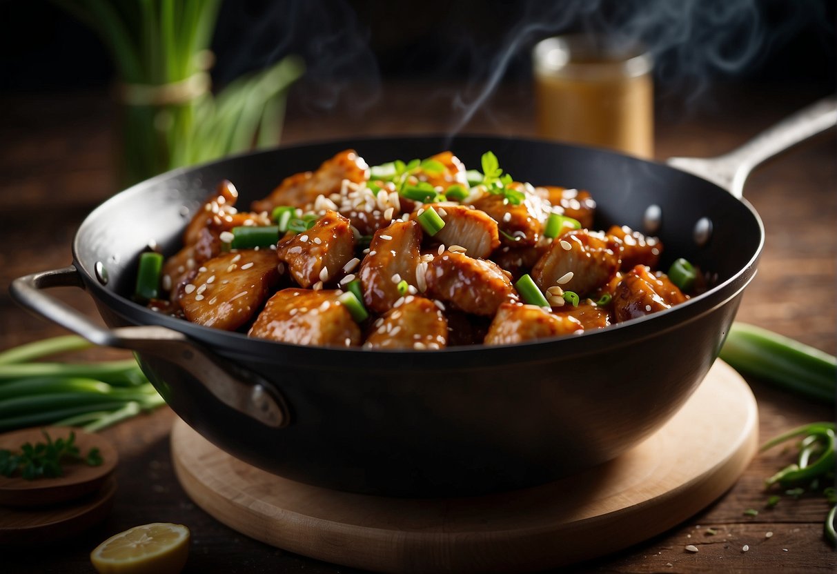 A wok sizzles as chicken is stir-fried with garlic, ginger, and soy sauce, creating a rich and savory Chinese chicken sauce. Green onions and sesame seeds garnish the dish