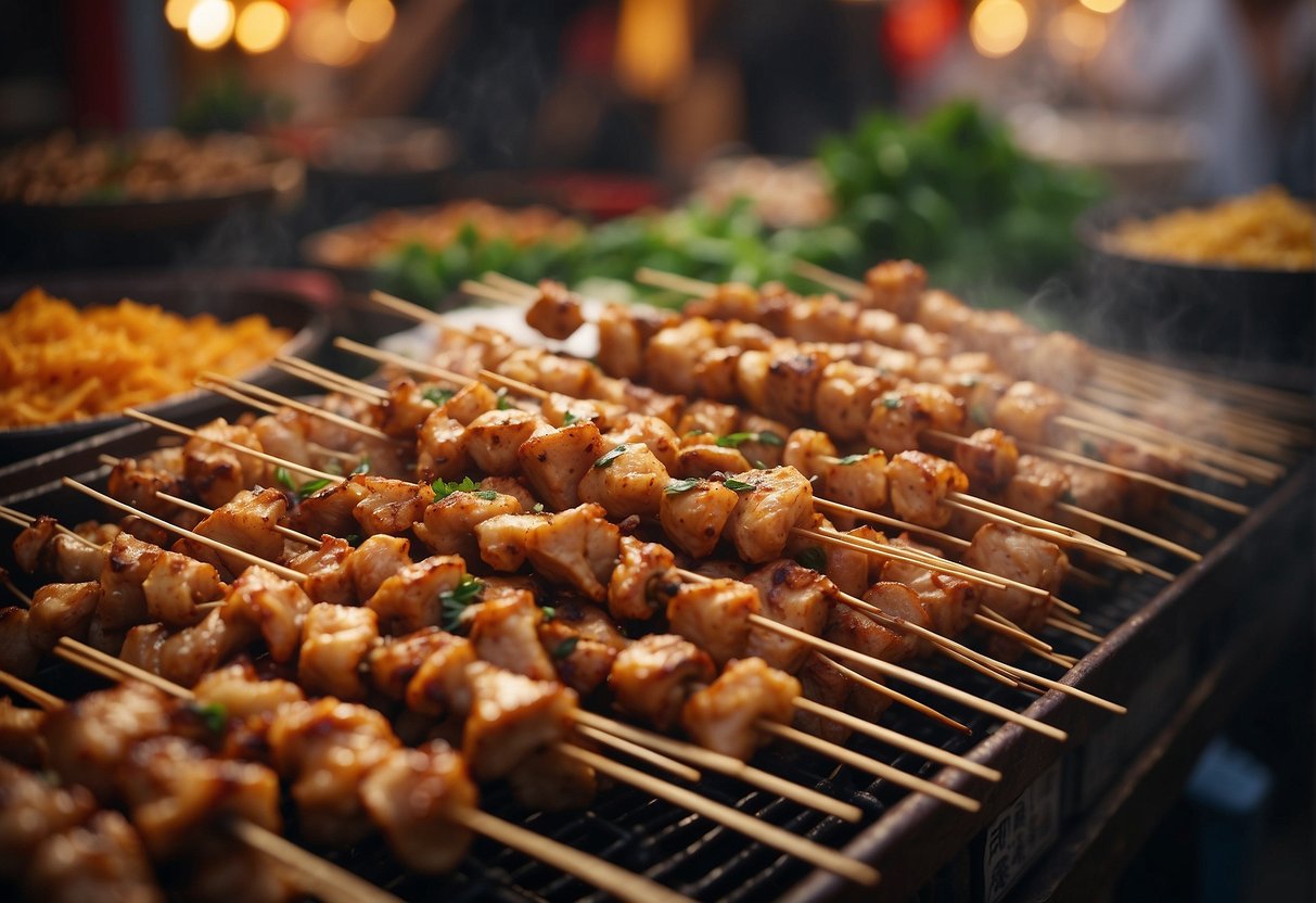 A traditional Chinese market stall displays skewers of marinated chicken, surrounded by aromatic spices and ingredients