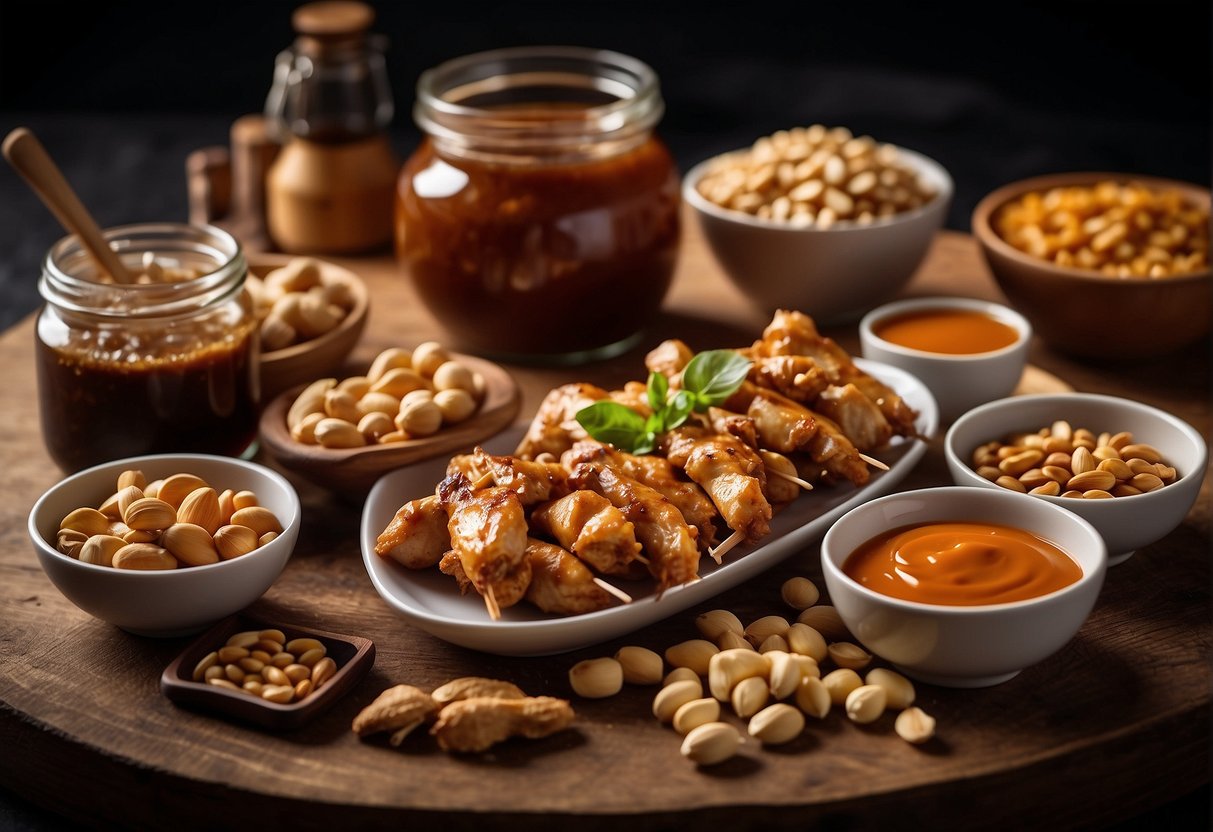 A table with assorted ingredients: chicken, soy sauce, ginger, garlic, peanut butter, and skewers. A jar of chili sauce and a bowl of peanuts sit nearby