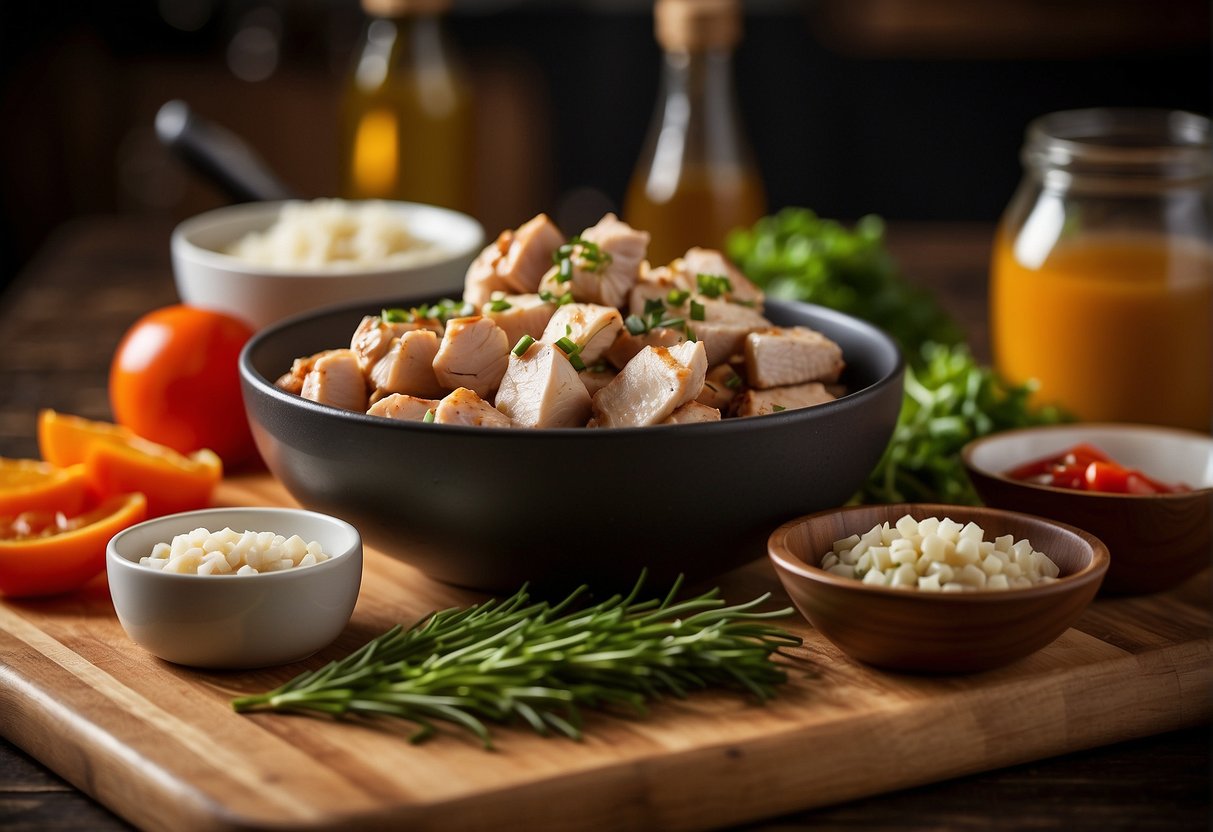 A cutting board with diced chicken, skewers, and a bowl of marinade ingredients. A chef's knife and a mixing bowl in the background