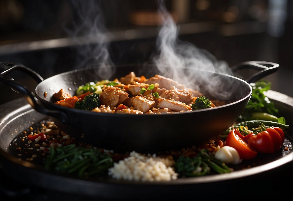A steaming wok sizzles with soy sauce, garlic, ginger, and chili, as a chef tosses in tender chicken pieces, creating a savory aroma