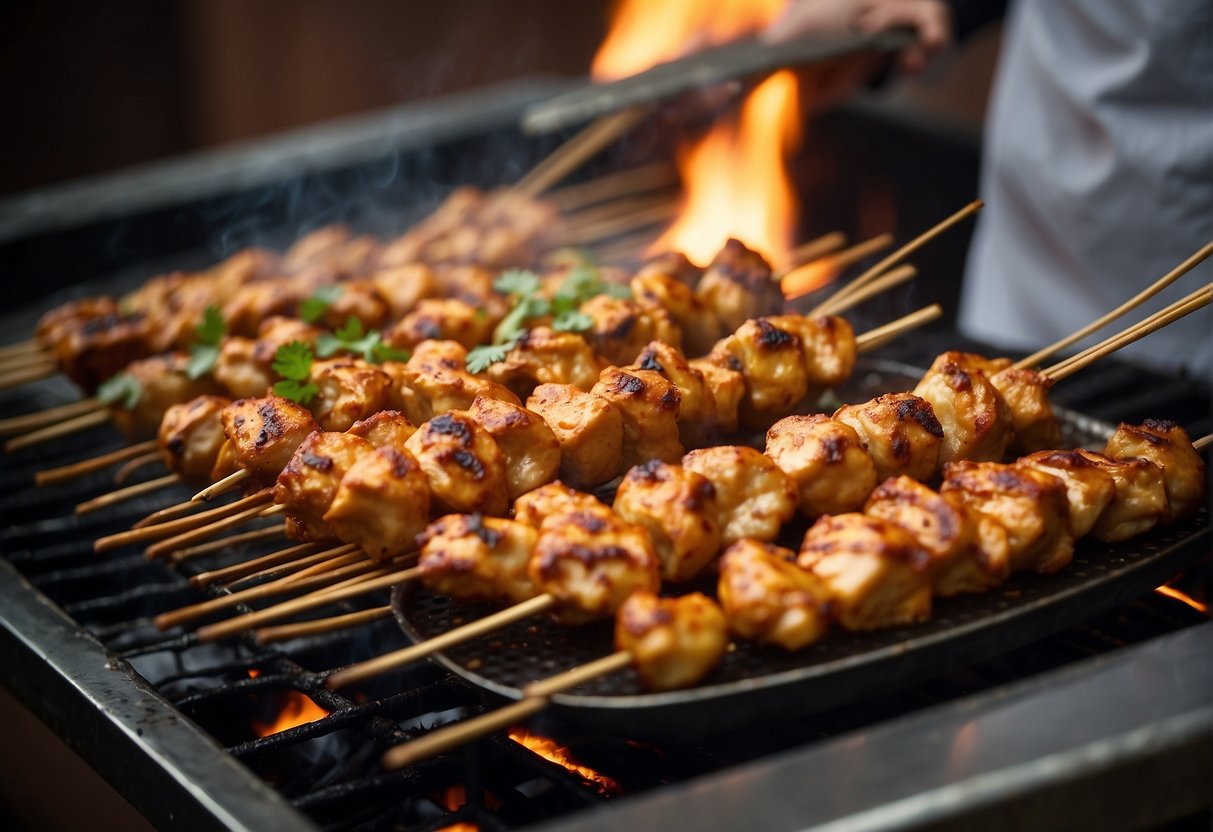 A chef grills skewered chicken satay over an open flame, then arranges them on a platter with a side of peanut sauce