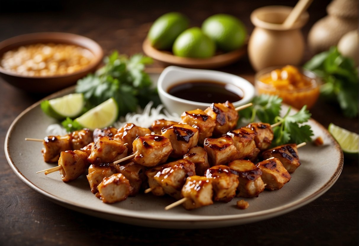 A table set with ingredients for Chinese chicken satay: chicken, soy sauce, ginger, garlic, peanut butter, and skewers