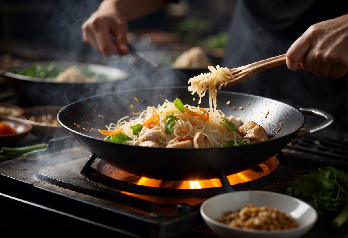 A wok sizzles with garlic, ginger, and soy sauce. A chef adds a splash of rice wine and simmers chicken until tender