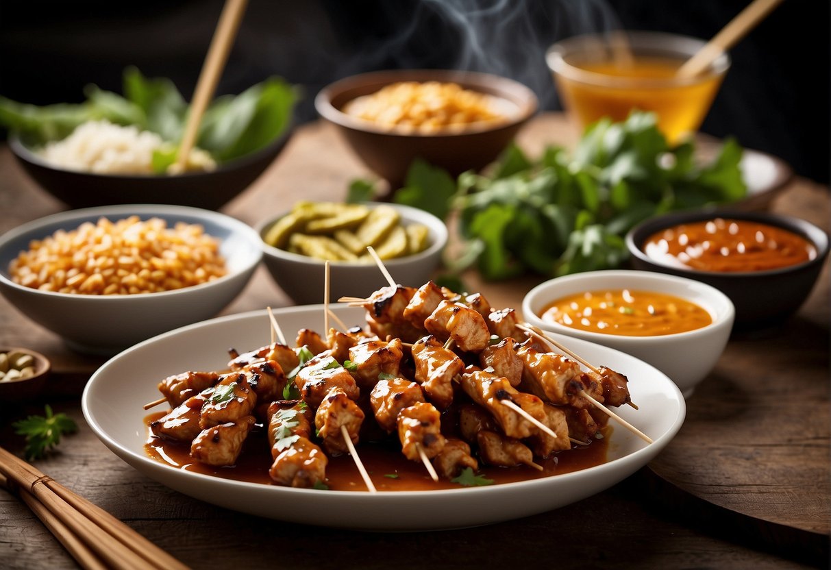A table spread with ingredients for Chinese chicken satay, including skewers, marinated chicken, and a bowl of satay sauce