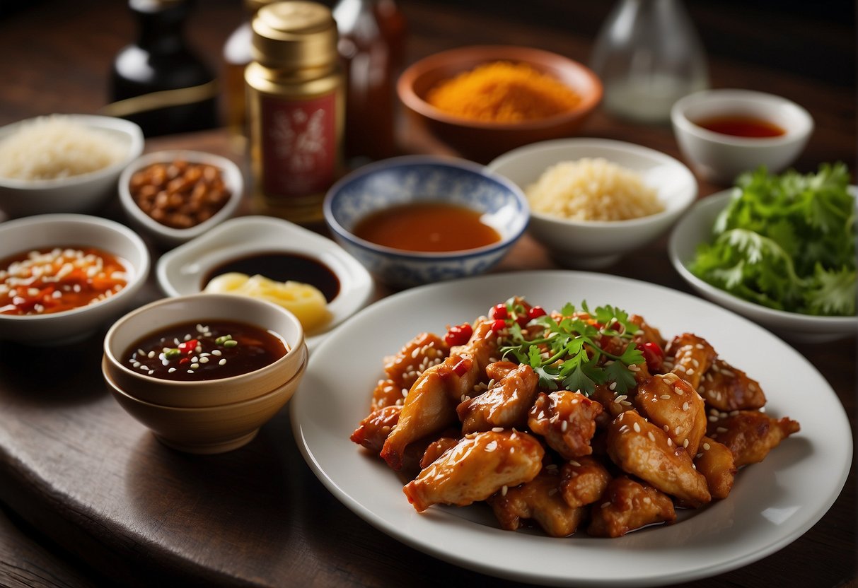 A table set with Chinese chicken dishes and various condiments. A bottle of soy sauce and a bowl of chili paste are placed next to the dishes