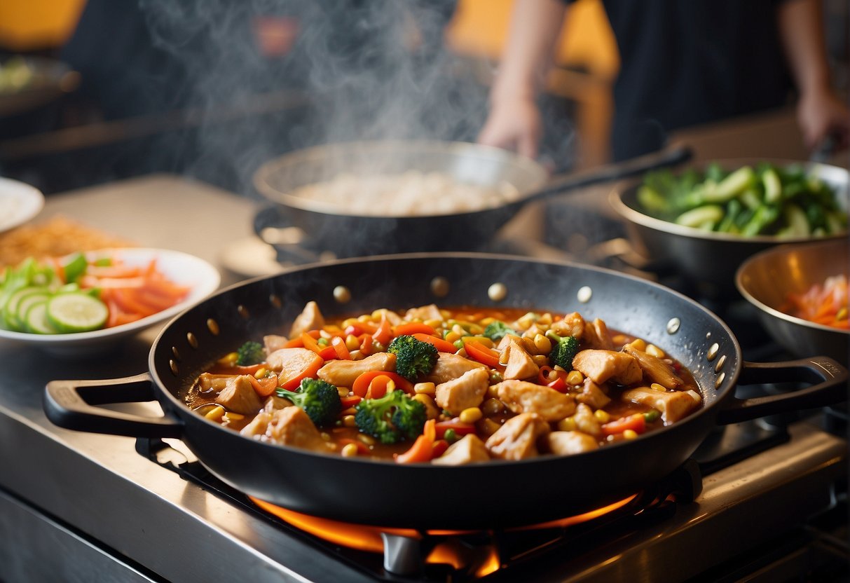 A wok sizzles as Chinese chicken sauce simmers, filled with ginger, garlic, soy sauce, and a hint of sweetness. Fresh vegetables wait to be added, creating a colorful and nutritious meal