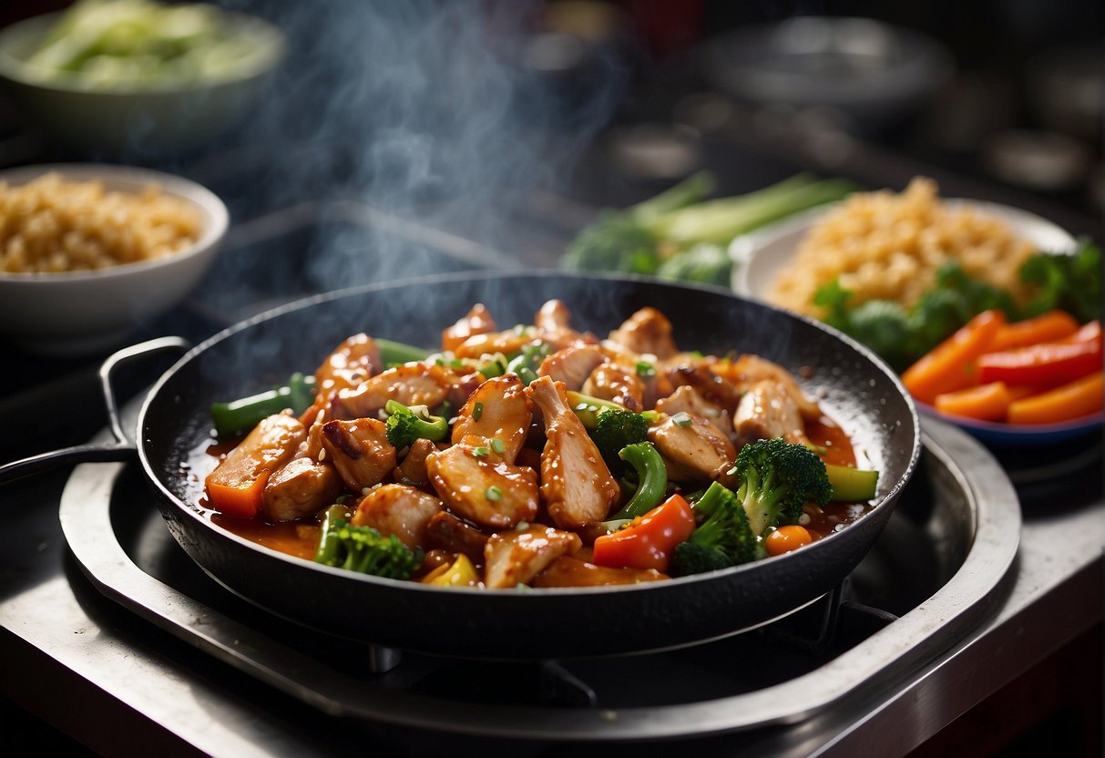 A sizzling hot plate with marinated Chinese chicken, stir-fried vegetables, and a savory sauce, steaming and bubbling, ready to be served