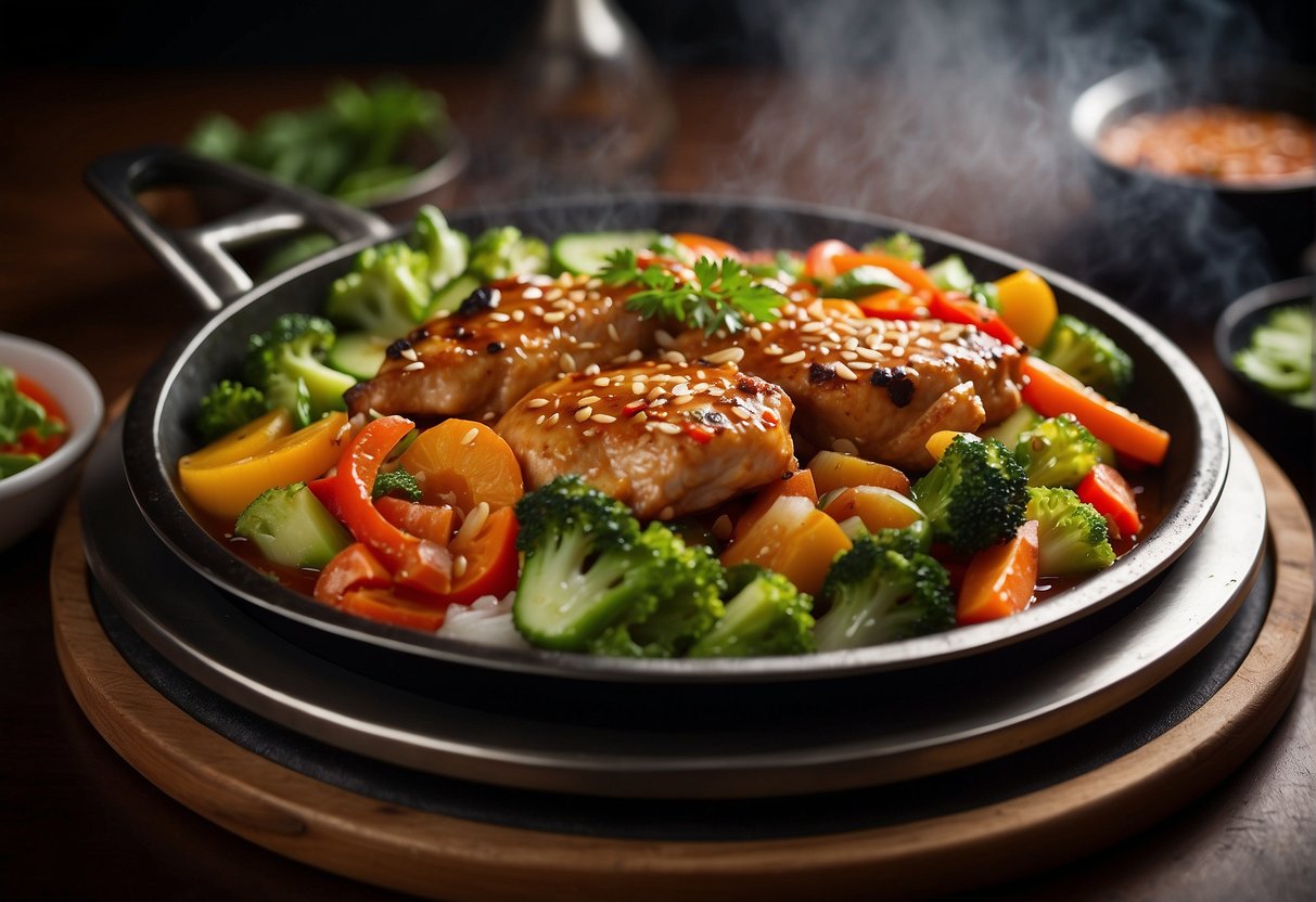 A sizzling hot plate with marinated chicken, mixed vegetables, and savory Chinese sauce, surrounded by steam and aromatic spices