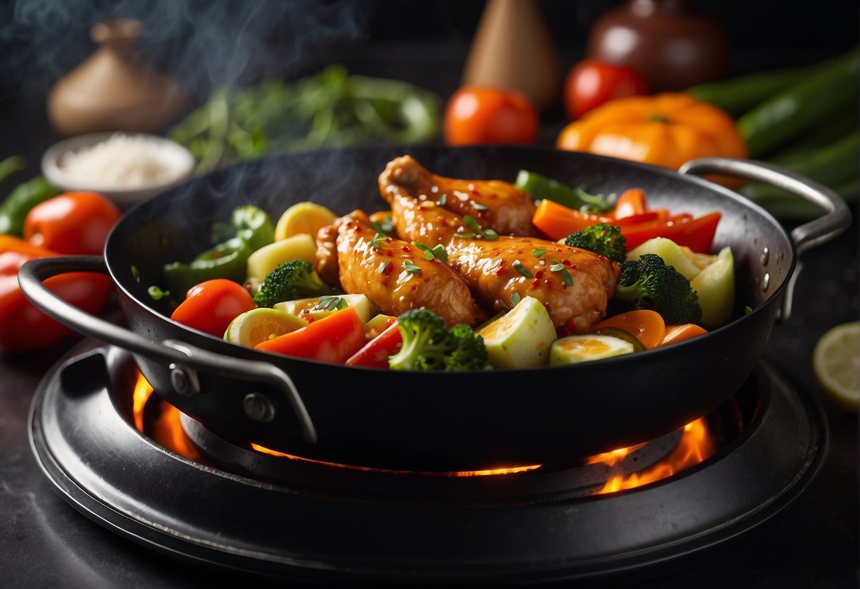 A sizzling hot plate with Chinese chicken, steaming and sizzling, surrounded by colorful vegetables and aromatic spices