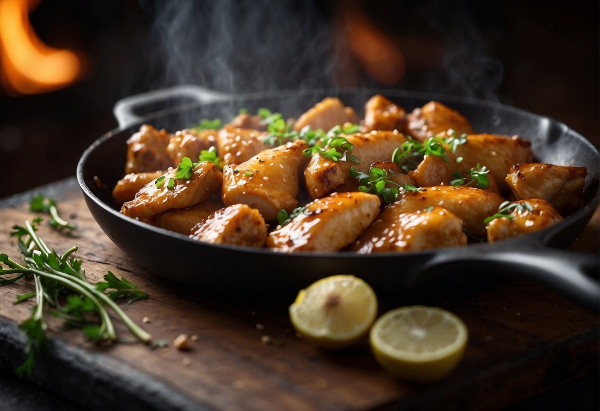Chicken pieces marinate in soy sauce, ginger, and garlic. They sizzle on a hot skillet, releasing savory aromas