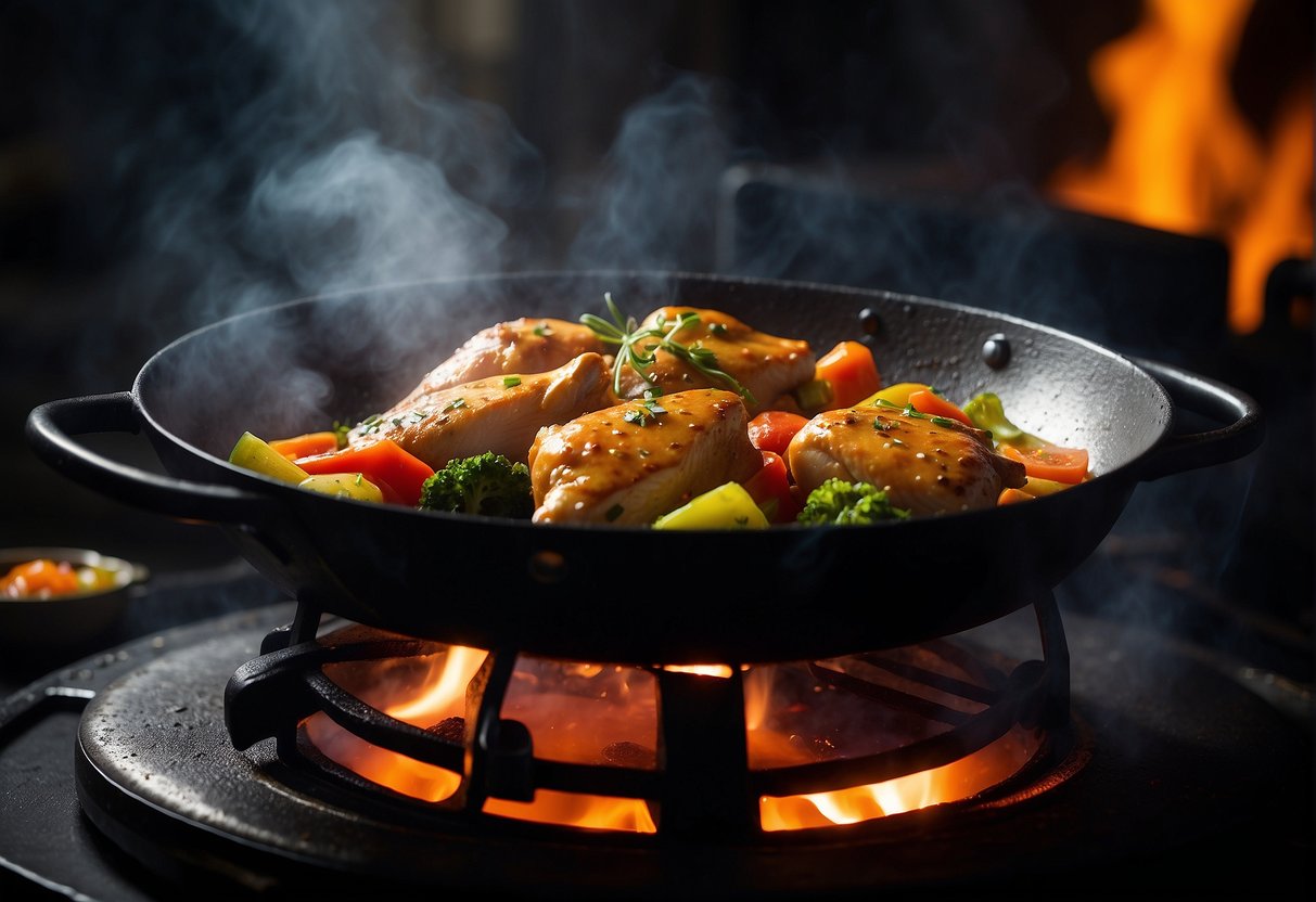 Sizzling chicken, vegetables, and sauce on a hot iron plate. Steam rising, vibrant colors, and a tantalizing aroma