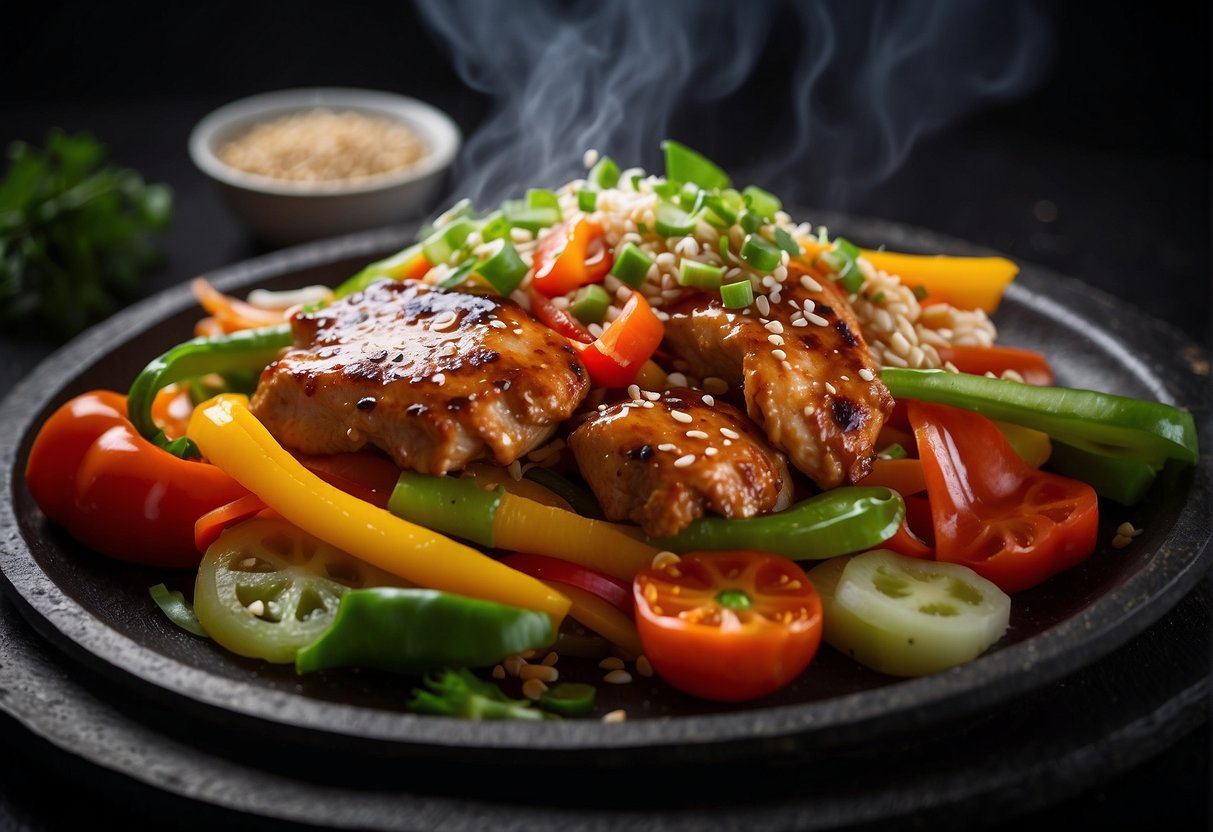 A sizzling hot plate with Chinese chicken, bell peppers, and onions, garnished with sesame seeds and green onions