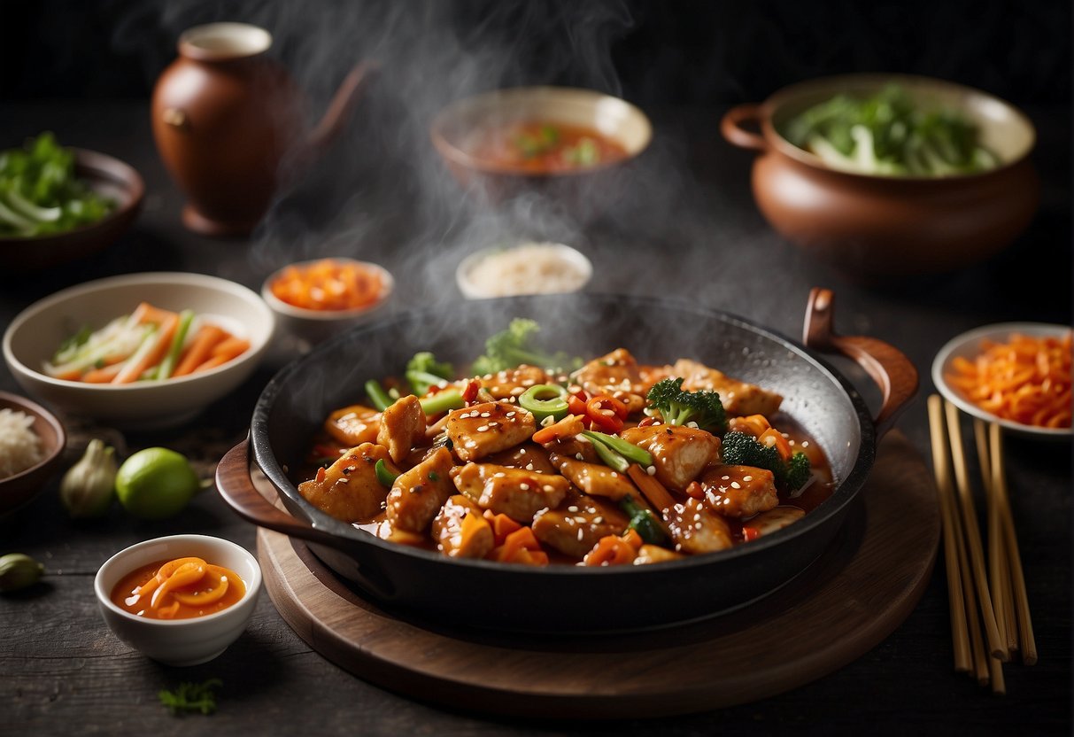 A sizzling hot plate with Chinese chicken, vegetables, and a savory sauce, steam rising, surrounded by chopsticks and a decorative plate
