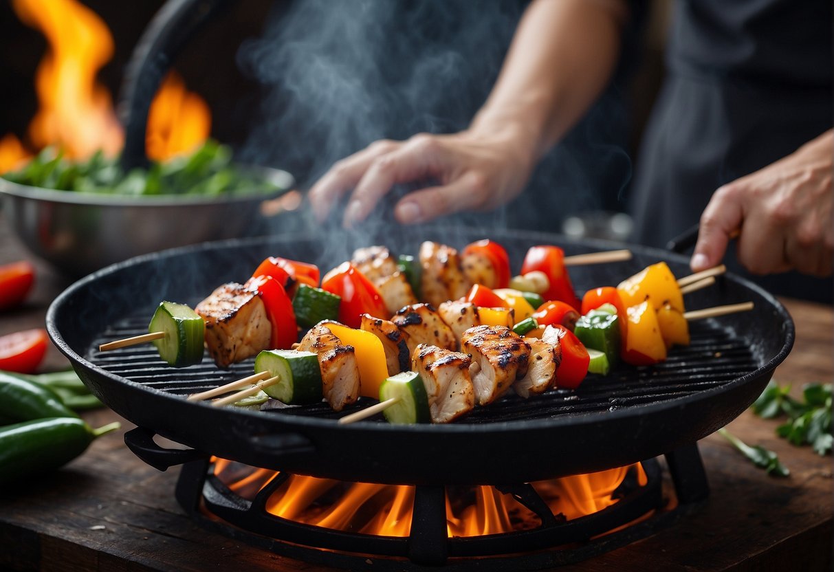 A sizzling grill cooks marinated chicken skewers, surrounded by vibrant vegetables and aromatic spices