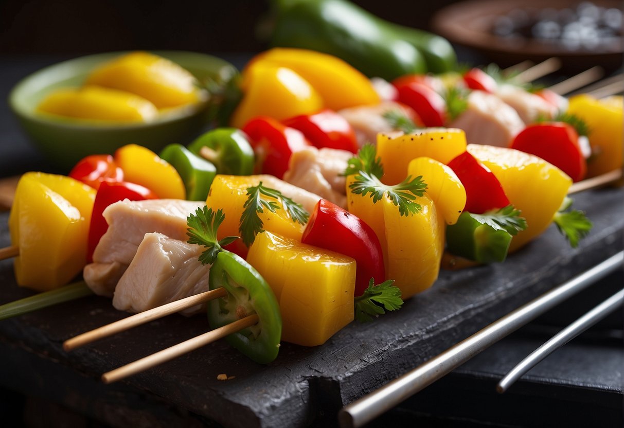Fresh chicken pieces, colorful bell peppers, and juicy pineapple chunks arranged on skewers, ready to be marinated and grilled for Chinese chicken skewers