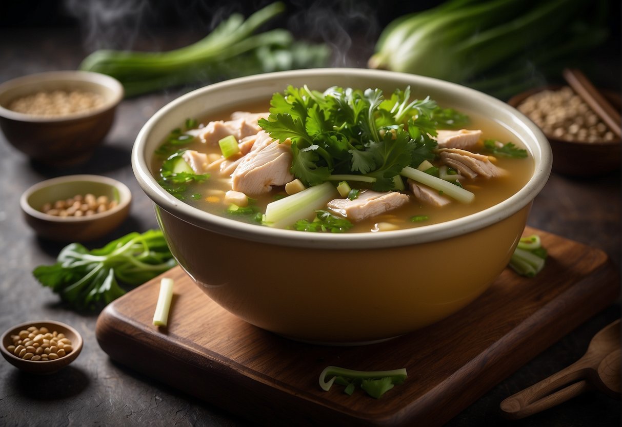 A steaming pot of Chinese chicken soup with ginger, scallions, and bok choy, garnished with cilantro and a splash of soy sauce