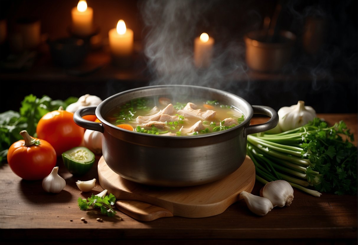 A steaming pot of Chinese chicken soup with ginger, garlic, and scallions, surrounded by fresh vegetables and herbs on a wooden cutting board