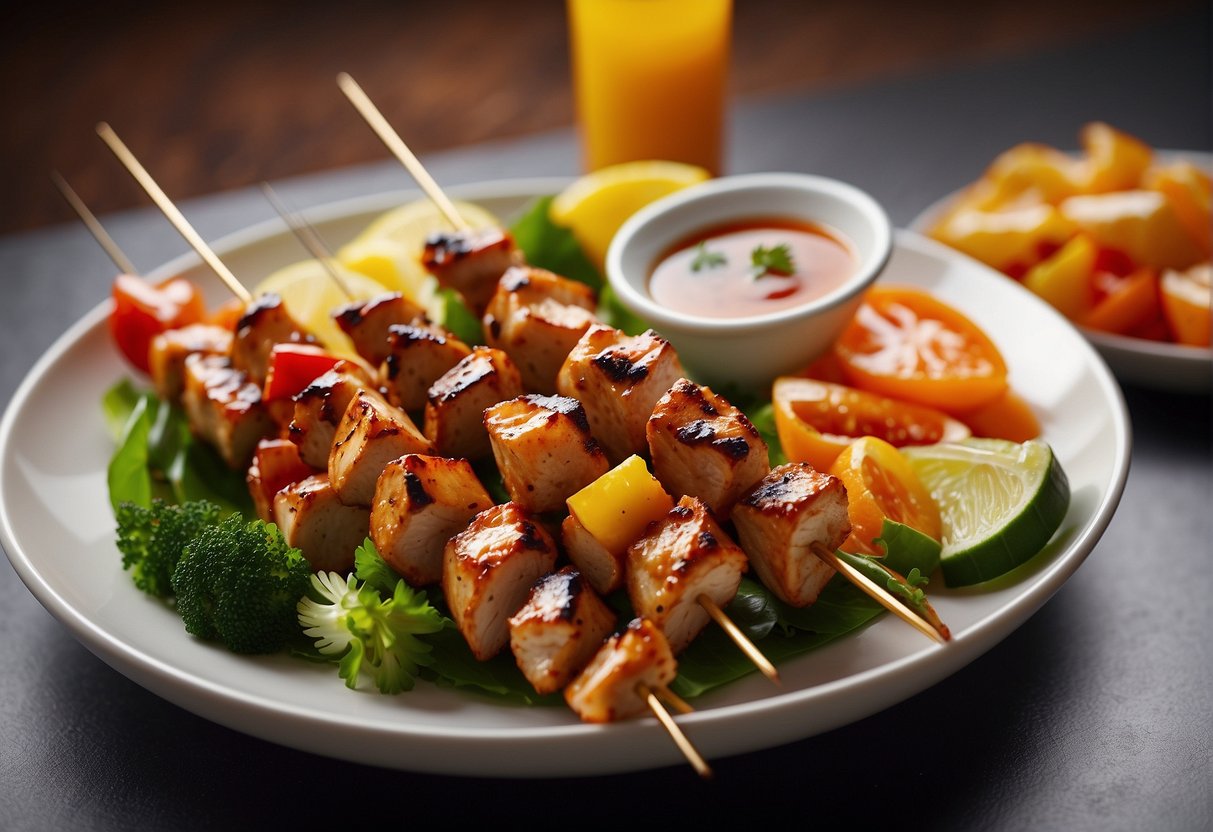 A plate of Chinese chicken skewers with accompanying nutritional information displayed in a clear, easy-to-read format