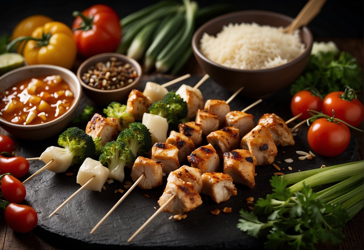 A table with various ingredients for Chinese chicken skewers, including chicken, vegetables, and skewers, arranged neatly for cooking