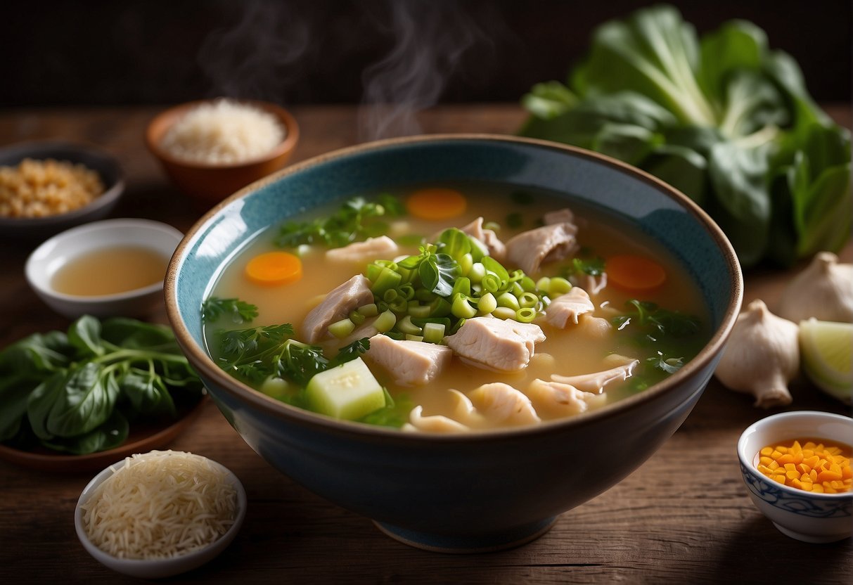 A steaming bowl of Chinese chicken soup sits on a rustic wooden table, surrounded by fresh ingredients like ginger, scallions, and bok choy. A handwritten note with the nutritional information is placed next to the bowl