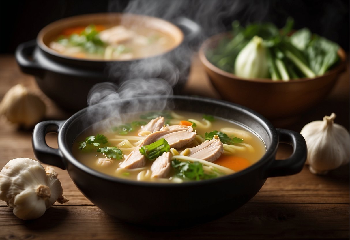 A steaming bowl of Chinese chicken soup sits on a wooden table, surrounded by fresh ingredients like ginger, scallions, and bok choy. A pot of soup simmers on the stove, while containers of broth and cooked chicken are neatly