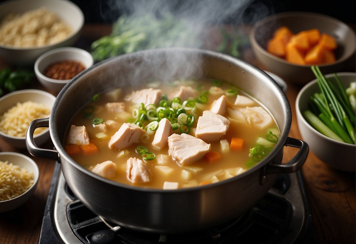 A pot of Chinese chicken soup simmers on a stove, surrounded by various ingredients like ginger, scallions, and chicken pieces. A steam rises from the pot, filling the kitchen with a comforting aroma