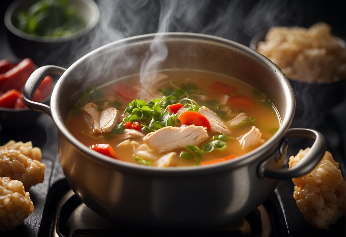 A steaming pot of Chinese chicken soup simmers on a stove, filled with nourishing ingredients like ginger, goji berries, and chicken pieces