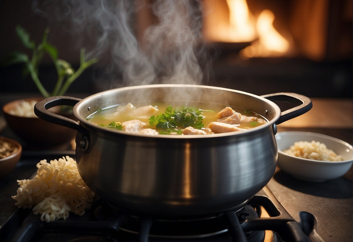 A steaming pot of Chinese chicken soup simmers on a stove, filled with tender chunks of chicken, ginger, and nourishing herbs, ready to nourish a pregnant mother